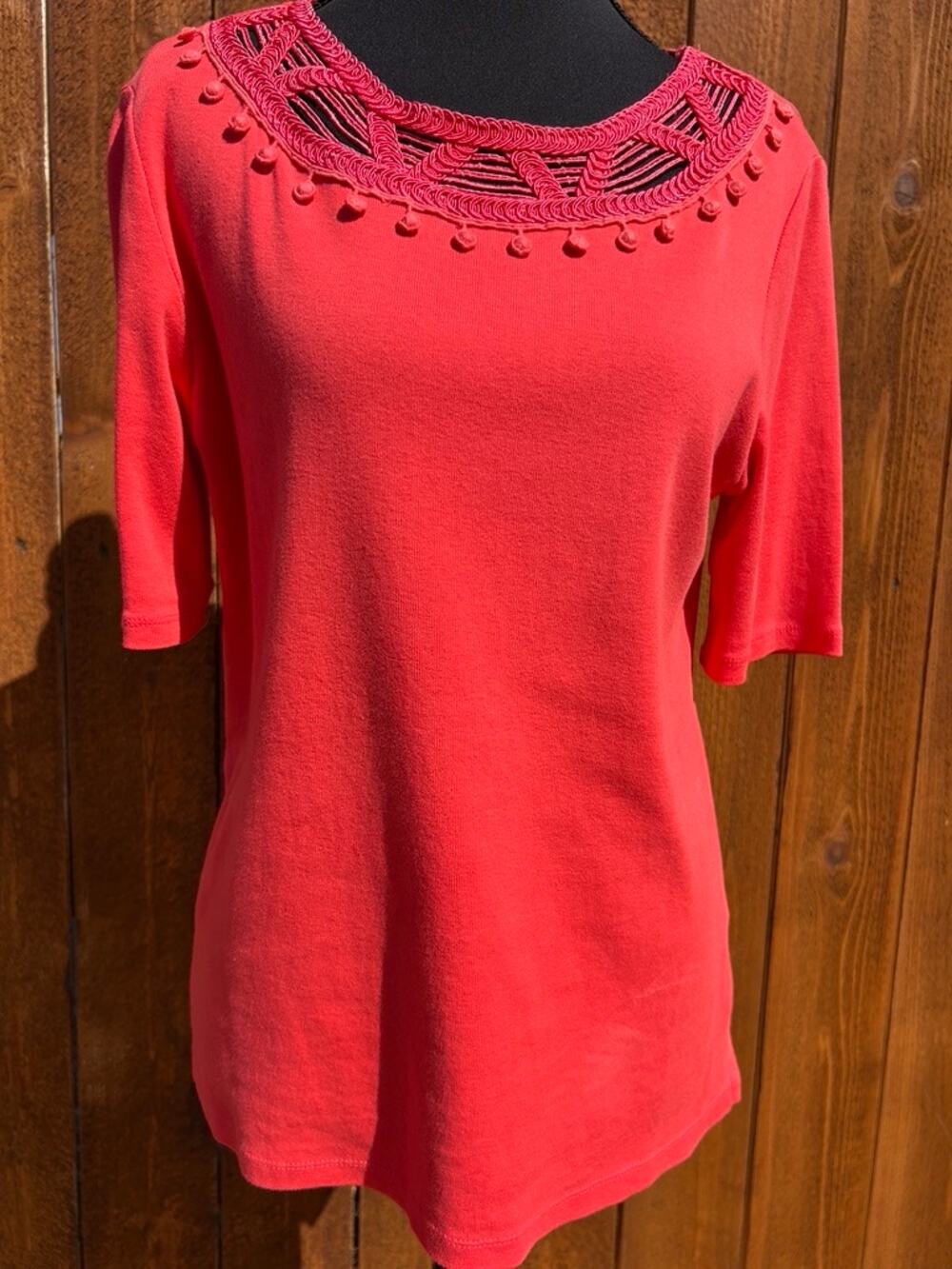 Rafaella Women's Knit Top. -Size M - Coral/Red - Crochet Lace Neckline